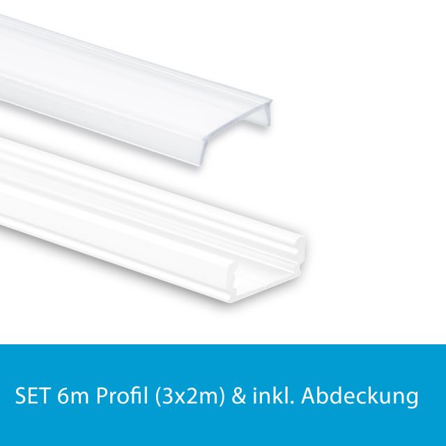 Profi LED SET 6M (3x2M) Aufbauprofil Mini 12 weiss inkl. milchiger Abdeckung