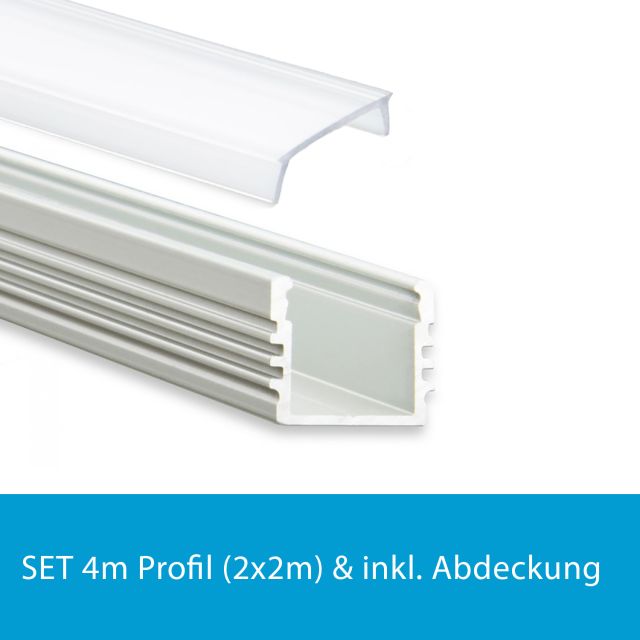 Profi LED SET 4M (2x2M) Aufbauprofil Midi 12 opal inkl. milchiger Abdeckung