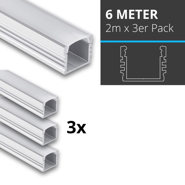 Profi LED SET 6M (3x2M) Aufbauprofil Midi 12 opal inkl. milchiger Abdeckung