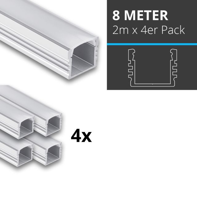 Profi LED SET 8M (4x2M) Aufbauprofil Midi 12 opal inkl. milchiger Abdeckung