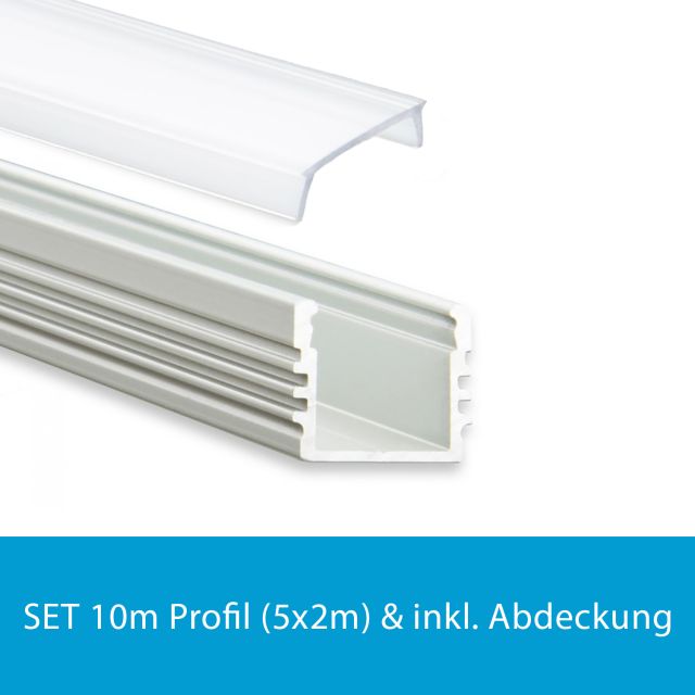 Profi LED SET 10M (5x2M) Aufbauprofil Midi 12 opal inkl. milchiger Abdeckung
