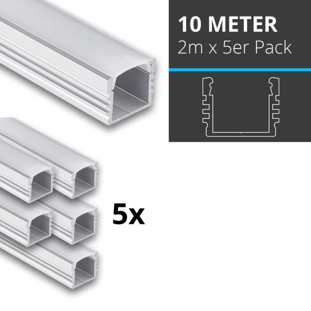 Profi LED SET 10M (5x2M) Aufbauprofil Midi 12 opal inkl. milchiger Abdeckung