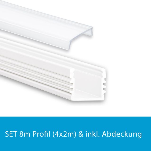 Profi LED SET 8M (4x2M) Aufbauprofil Midi 12 weiss inkl. milchiger Abdeckung