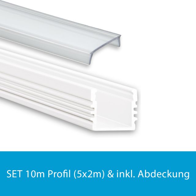 Profi LED SET 10M (5x2M) Aufbauprofil Midi 12 weiss inkl. Abdeckung klar