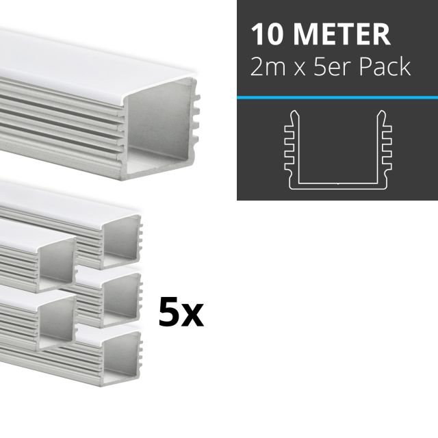 Profi LED SET 10M (5x2M) Aufbauprofil Maxi 12 inkl. flacher milchiger Abdeckung
