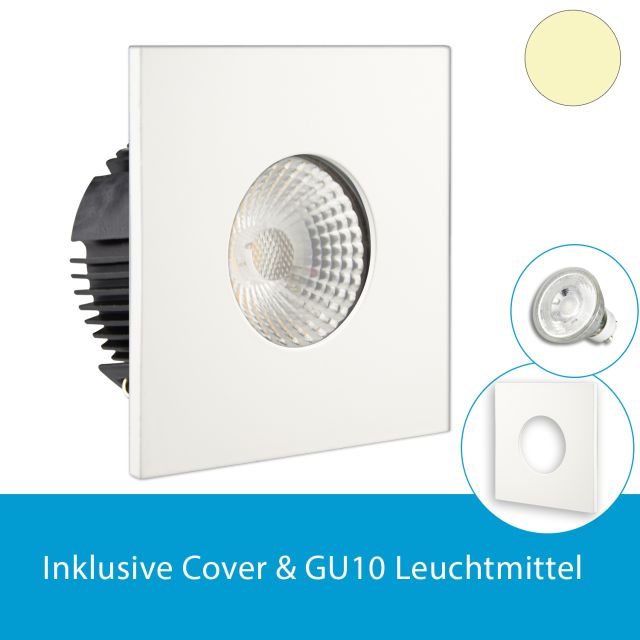 LED Einbaustrahler IP65 eckig, weiss, GU10 Leuchtmittel wechselbar, 5W, dimmbar