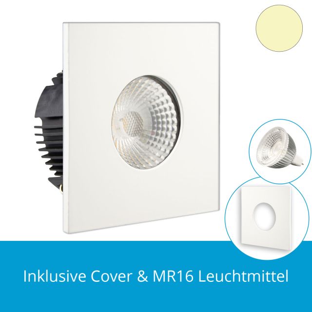 LED Einbaustrahler IP65 eckig, weiss inkl. MR16 LED Strahler 5,5W, warmweiss