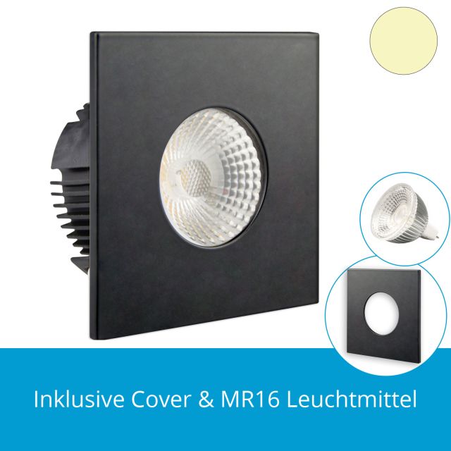 LED Einbaustrahler IP65 eckig, schwarz inkl. MR16 LED Strahler 5,5W, warmweiss