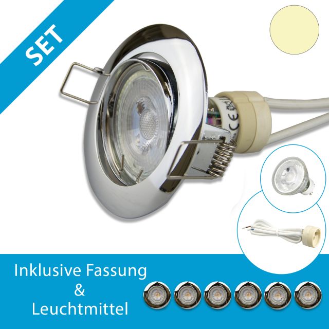 LED Einbaustrahler chrom, 6er SET, GU10 LED 5W, tauschbar, warmweiss