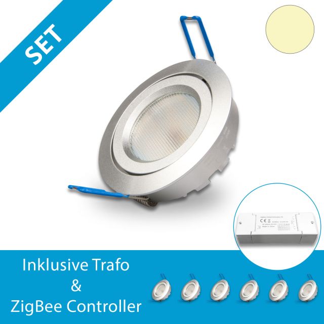 LED Einbaustrahler 6er SET, 8W, silber, warmweiss, dimmbar + ZIGBEE Controller