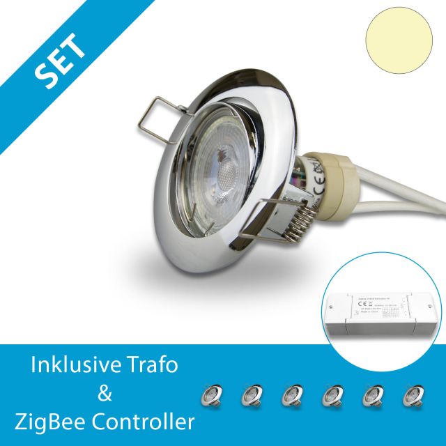 LED Einbaustrahler 6er SET chrom, inkl. 6x GU10 LED, dimmbar + ZigBee Controller