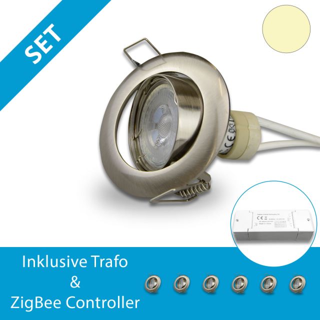 LED Einbaustrahler 6er SET nickel inkl. 6x GU10 LED, dimmbar + ZigBee Controller