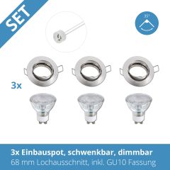 3x Einbauspot, nickel chrom schwenkbar, 5w, warmweiss, dimmbar, 68mm Lochausschnitt, inkl. Fassung