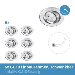 6x GU10 Einbaurahmen nickel gebürstet, inkl. GU10 Fassung, schwenkbar, 68mm Lochausschnitt