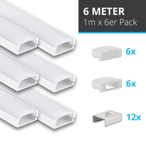 LED Aufbauprofil Mini12 Set, 600cm (6x 100cm), weiß, inkl. Endkappen