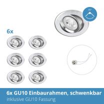 6x GU10 Einbaurahmen nickel gebürstet, inkl. GU10 Fassung, schwenkbar, 68mm Lochausschnitt