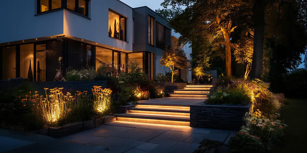 LED Streifen beleuchten Treppe im Gartenbereich